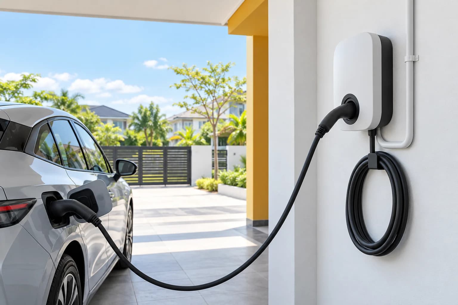 Illustration of a wall-mounted EV charger connected to an electric car in a residential car porch.